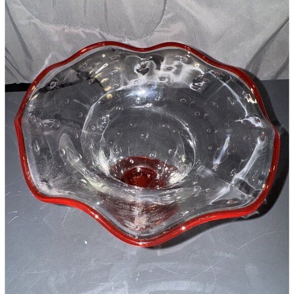 Art Glass Ruffled Compote Candy Bowl Clear Controlled Bubbles 5x8x8” Vintage Red - Picture 9 of 16